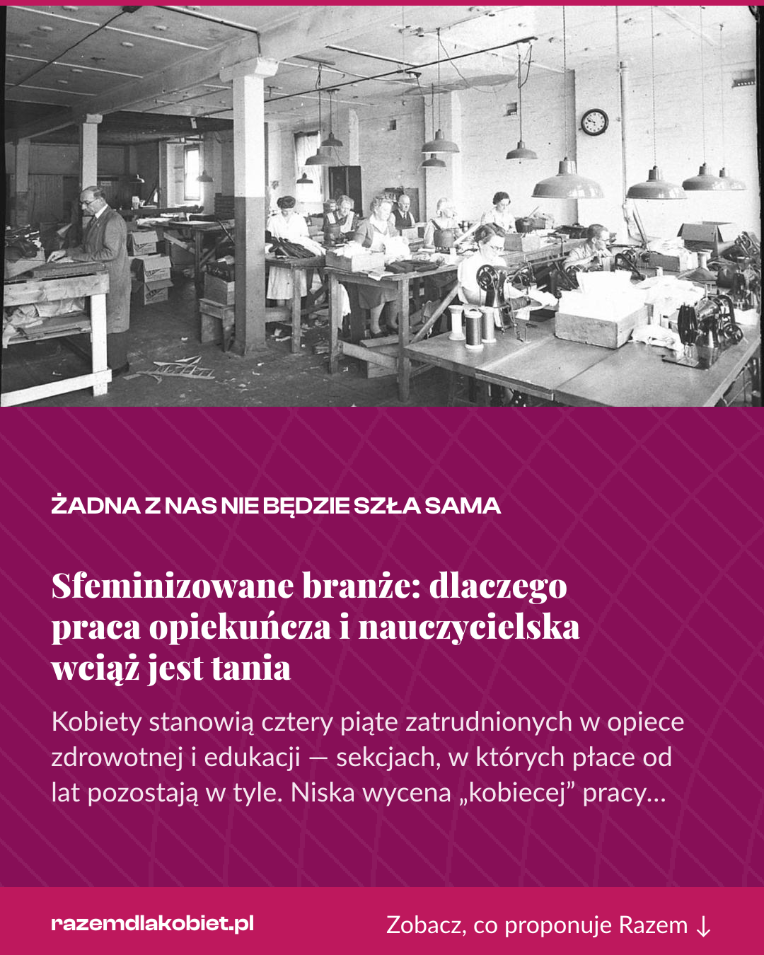 Grafika pionowa do udostępnienia: Sfeminizowane branże: dlaczego praca opiekuńcza i nauczycielska wciąż jest tania