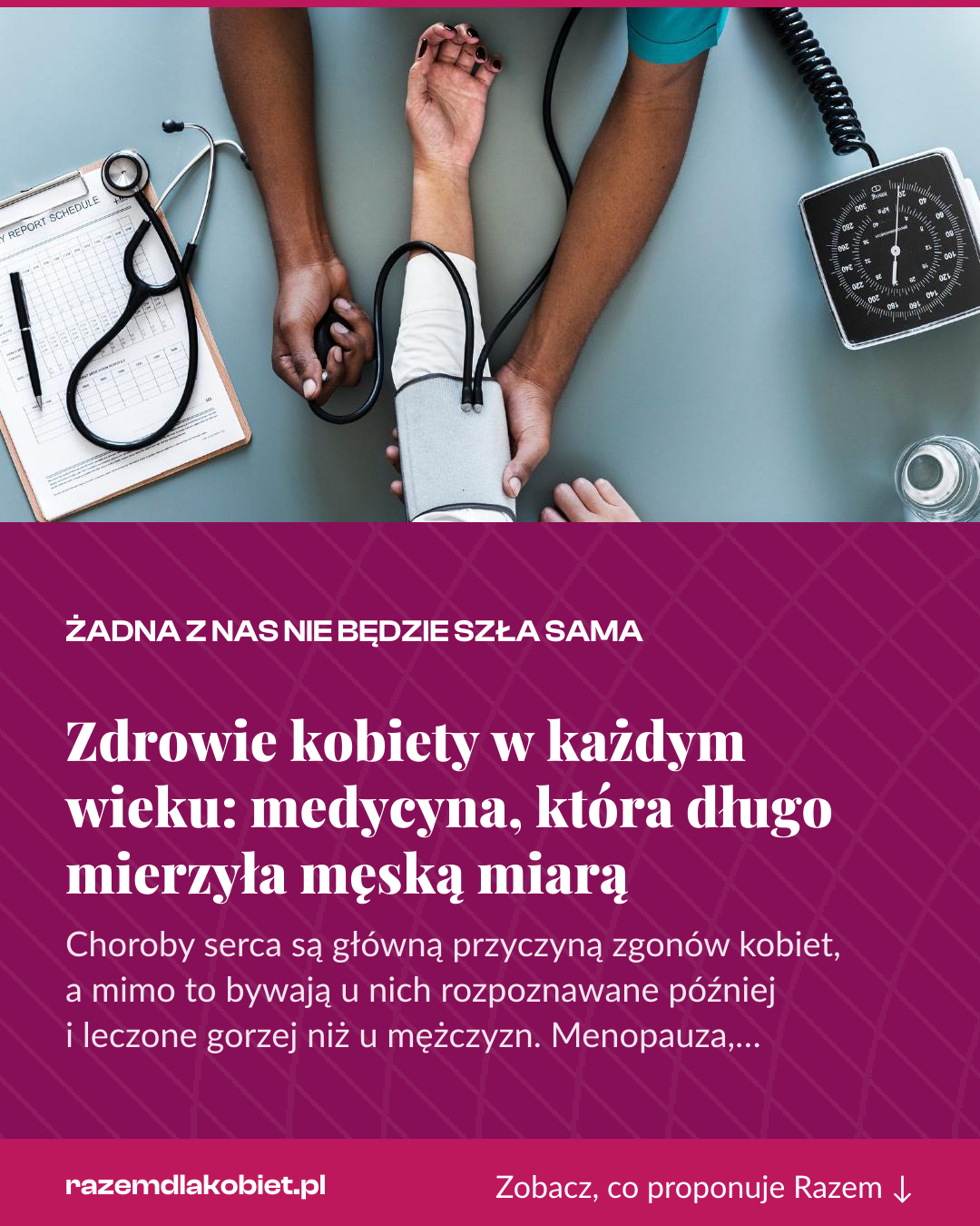 Grafika pionowa do udostępnienia: Zdrowie kobiety w każdym wieku: medycyna, która długo mierzyła męską miarą